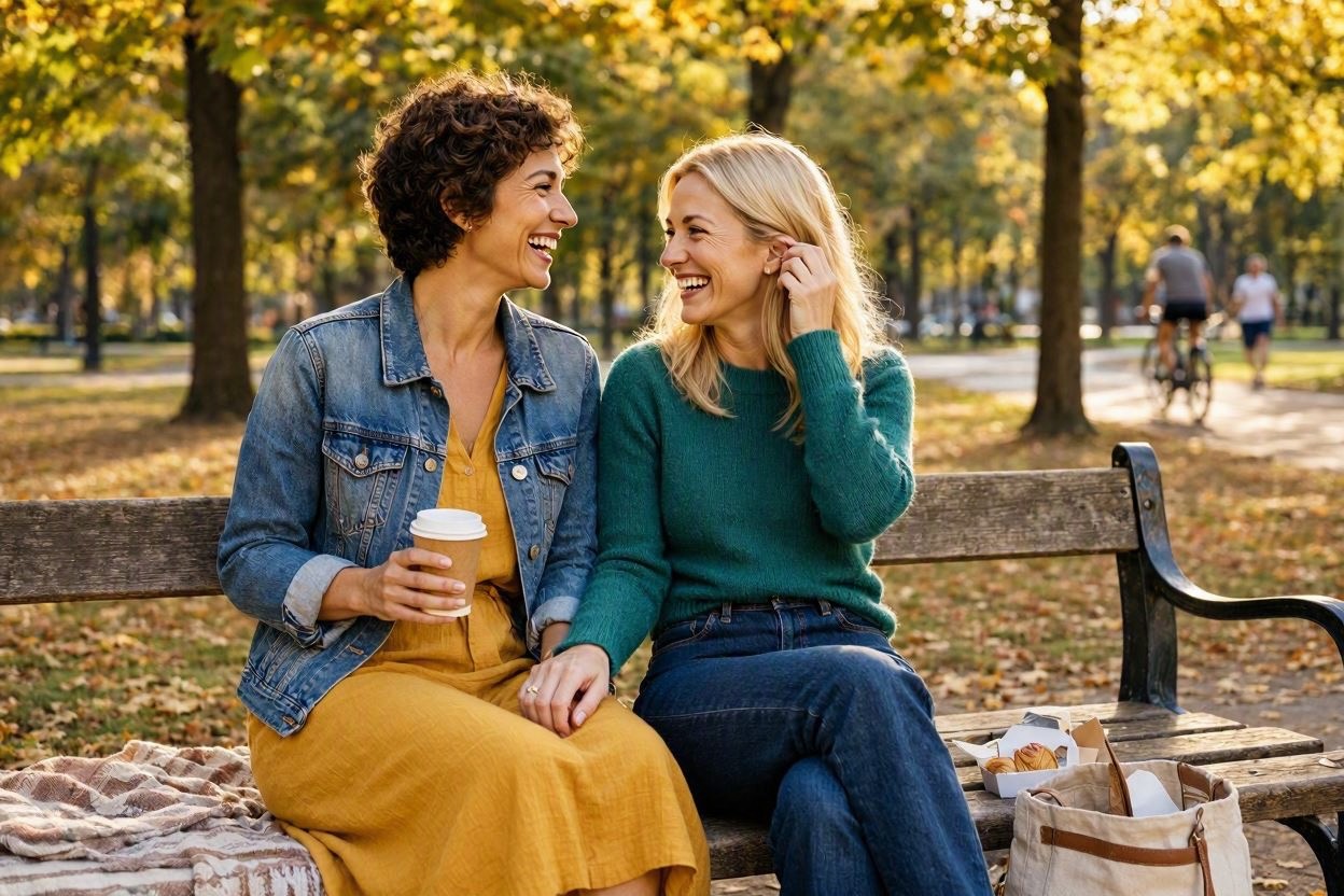 Two women laughing together on a park bench with coffee on an autumn afternoon